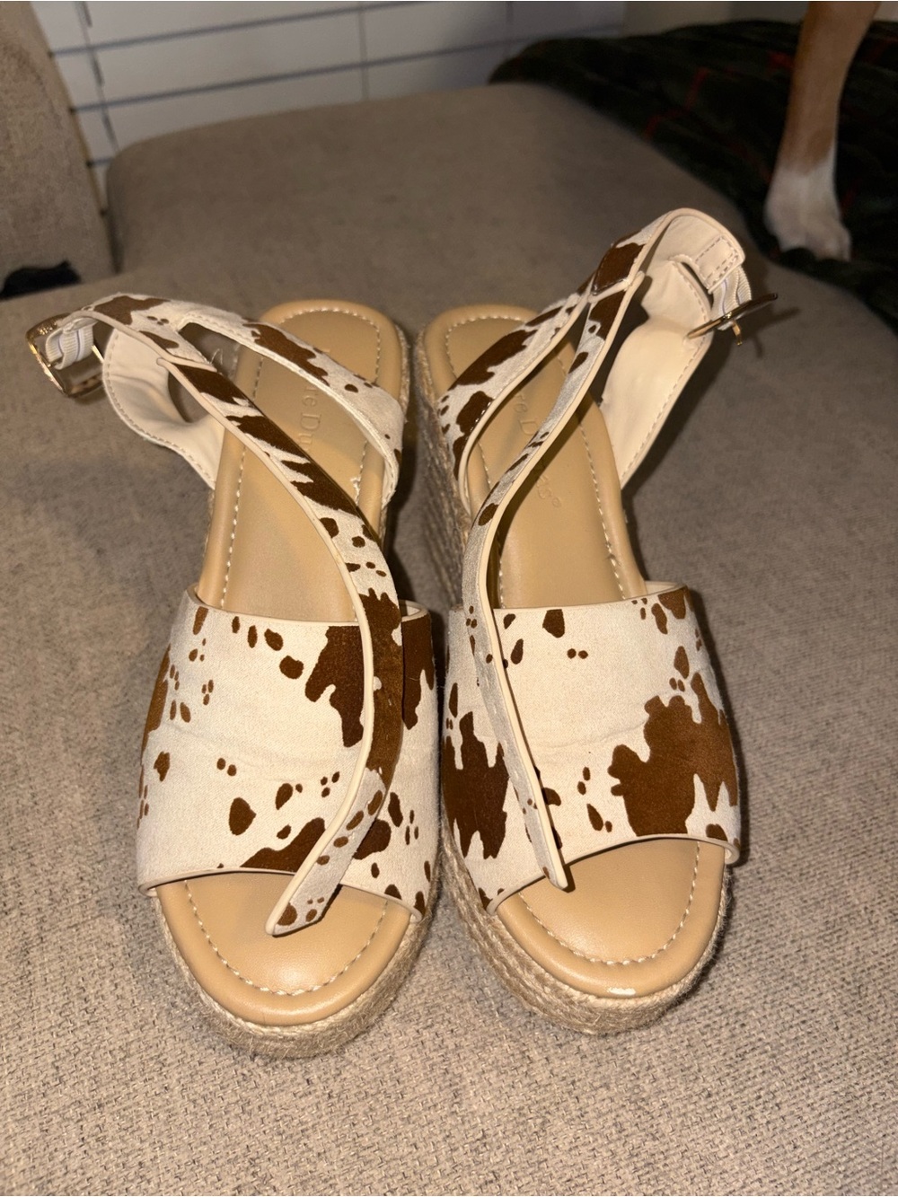 Pierre Dumas Cow Print Espadrille Wedge Sandals Size 6